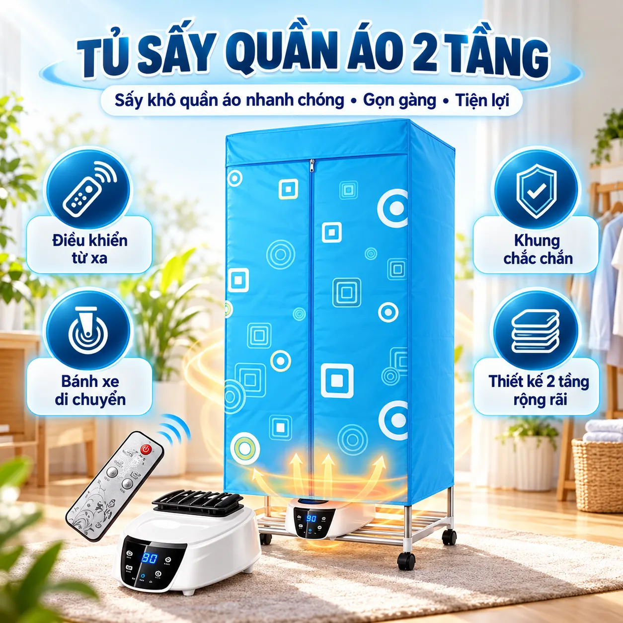 Tủ sấy quần áo hai tầng màu xanh, máy sấy và điều khiển
